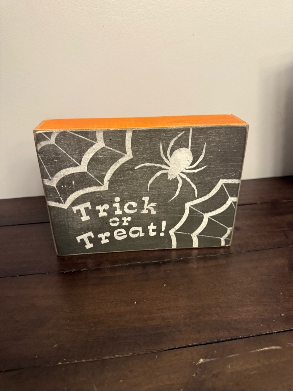 Trick or Treat Halloween Wooden Box Sign Spiderweb Black Orange 7 x 5